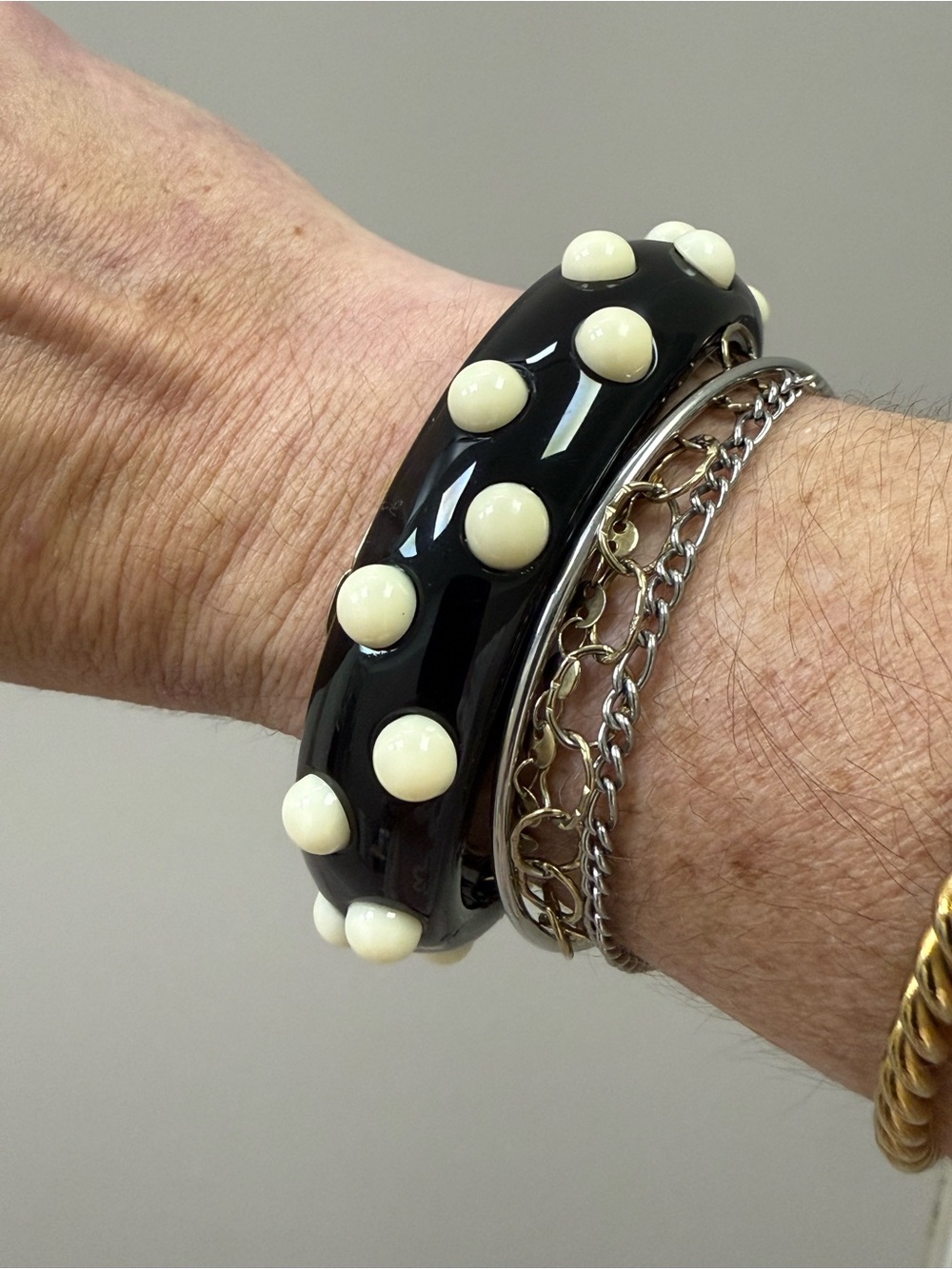 Black Resin Bangle with Ivory Studs - Women's Fashion Bracelet